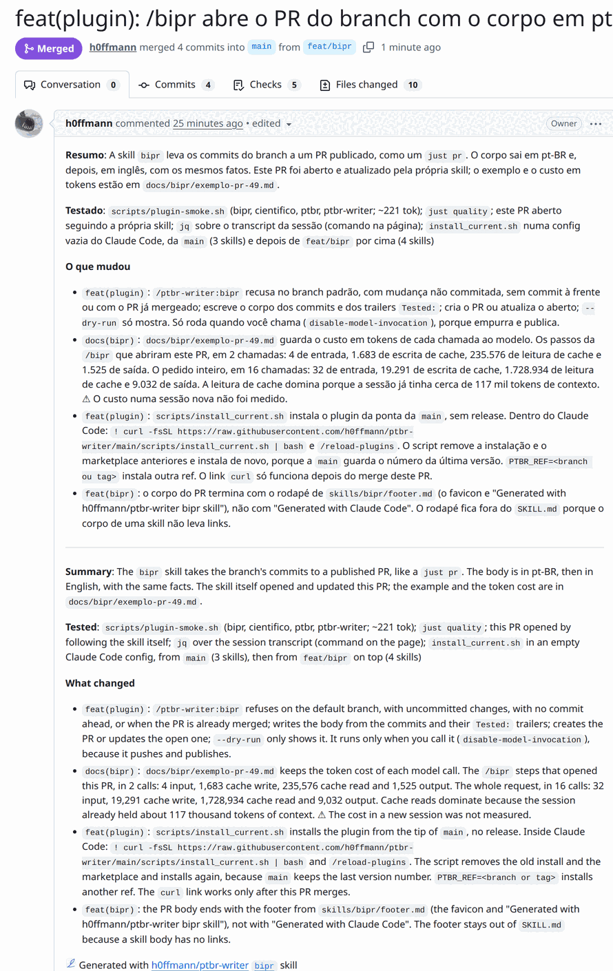 o PR #49 no GitHub: Resumo, Testado e O que mudou em pt-BR; Summary, Tested e What changed em inglês; o rodapé no fim